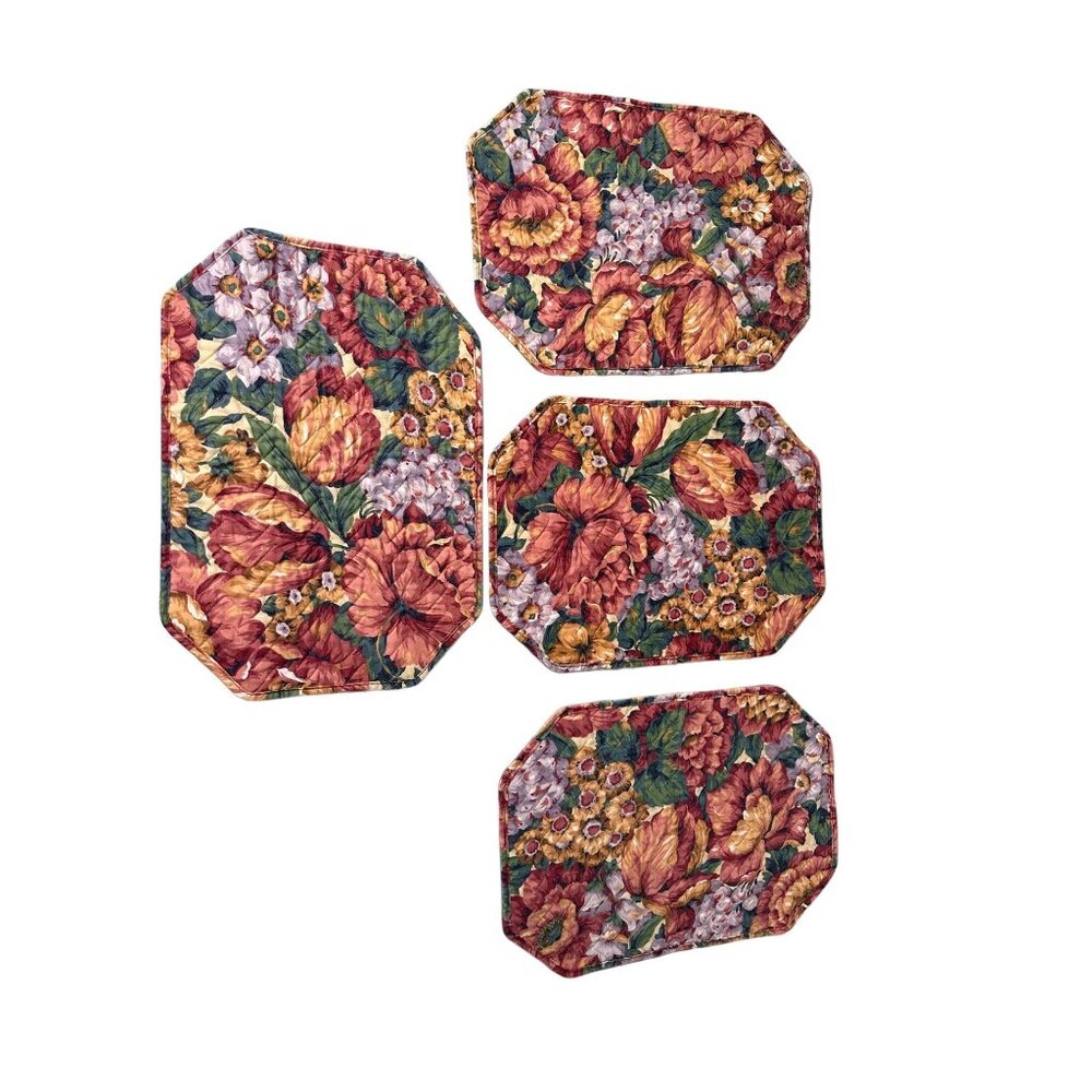 4 VTG Floral Octagon Quilted Placemats Farmhouse Cottage Country Table Top Decor